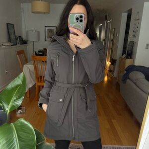 DKNY Women's Hooded Gray Belted Jacket Size XS